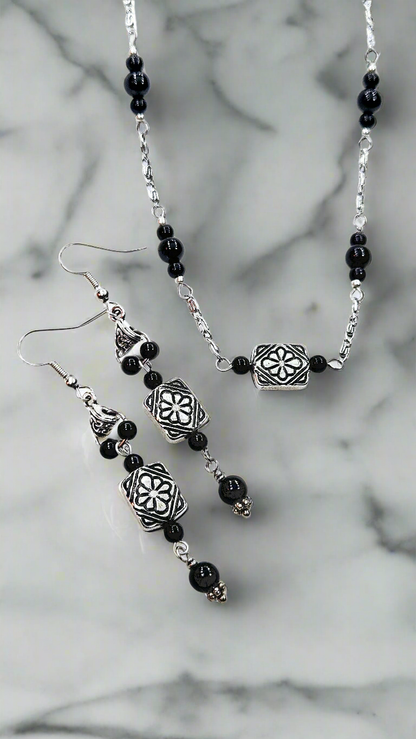 Scrollwork Silver & Black Set: Aged Silver Scrollwork Chain Necklace and Matching Earrings