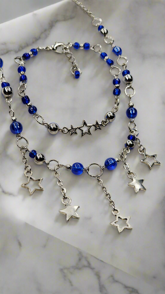 Cobalt Blue and Silver Stars Charm Necklace and Bracelet Set