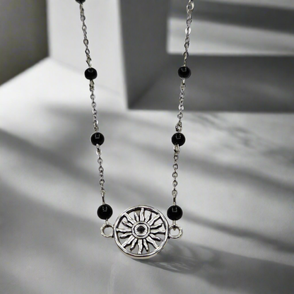 Black Hole Sun Beaded Silver Chain Necklace with Polished Black Glass - 16"