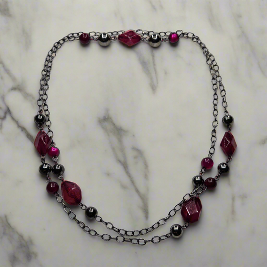 Long Gunmetal Black Chain and Dark Pink Beaded Necklace