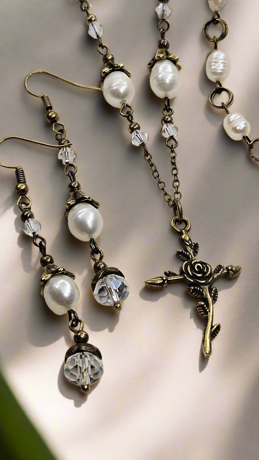 Brass Rose Cross Pendant Necklace, Earrings and Bracelet with Freshwater Pearls and Crystals