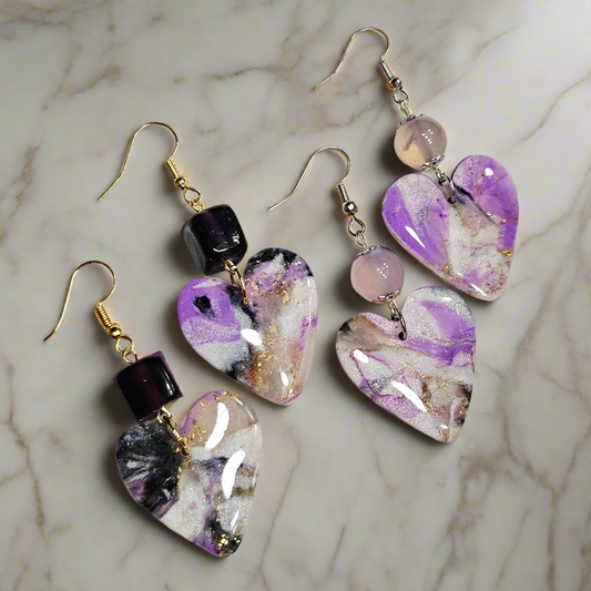Purple Polymer Clay Marble Heart Dangle Earrings with Dark Purple Cubes OR Light Purple Sheres in Gold or Silver