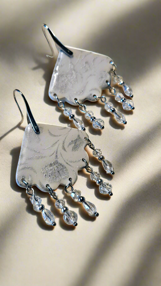 Stunning Silver Floral Print Beaded White Clay Fan Chandelier Earrings