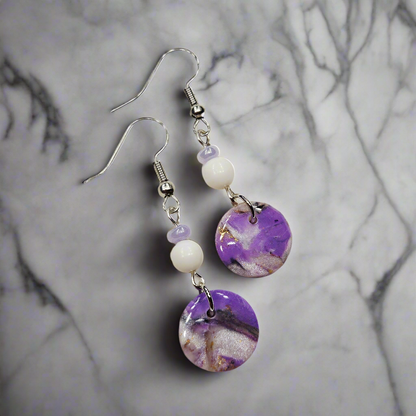 Purple Polymer Clay Marble with Gold Fleck Dangle Earrings in Gold or Silver
