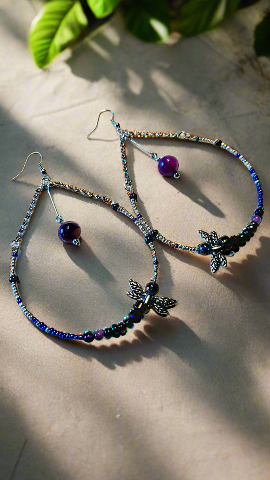 Large Colorful Beaded Dragonfly Teardrop Hoop Earrings