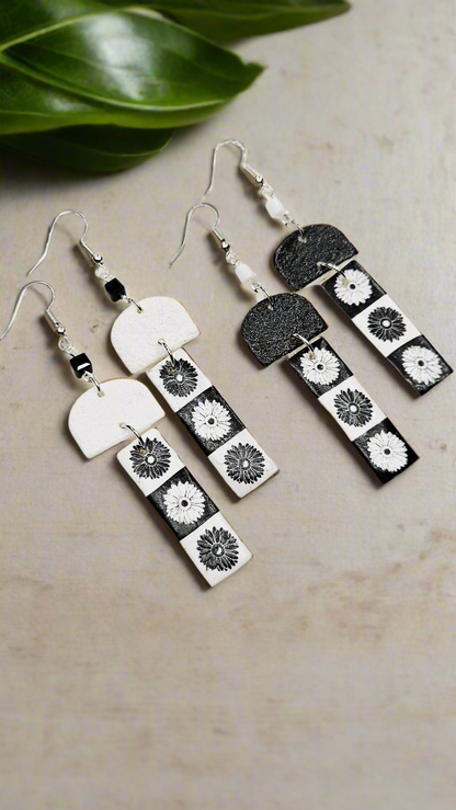 Monochrome Floral Print Clay Earrings with Black or White Arches - 3"