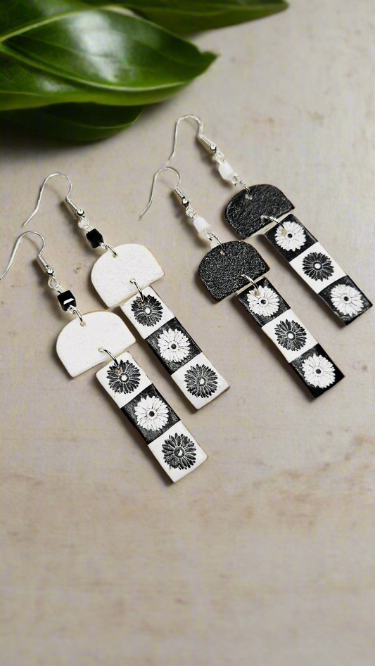 Monochrome Floral Print Clay Earrings with Black or White Arches - 3"