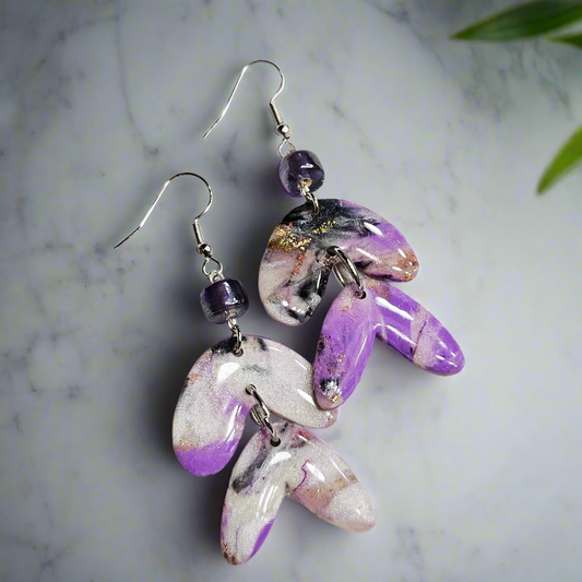 Purple Polymer Clay Marble Dangle Earrings with Purple Cylinder Glass in Silver