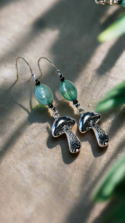 Jade Mushrooms Set - Large Silver Mushroom Pendant Necklace, Matching Mushroom Charm Earrings & Bracelet with Jade Green