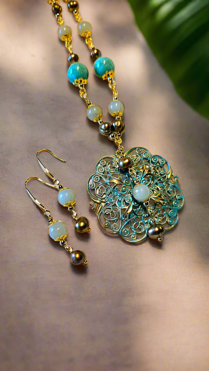 Fanciful Freshwater Pearls Set - Large Ornate Pure Brass Pendant Necklace with Pearls & Matching Earrings