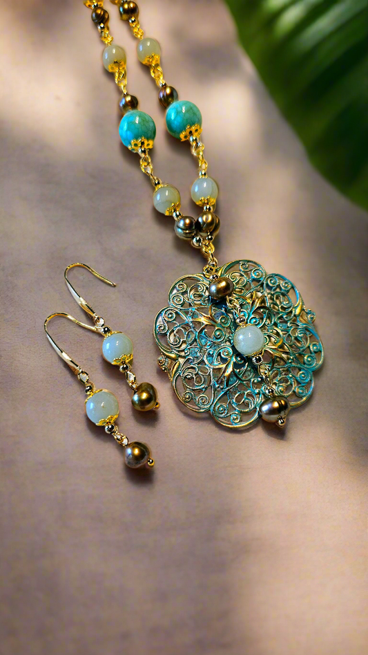 Fanciful Freshwater Pearls Set - Large Ornate Pure Brass Pendant Necklace with Pearls & Matching Earrings