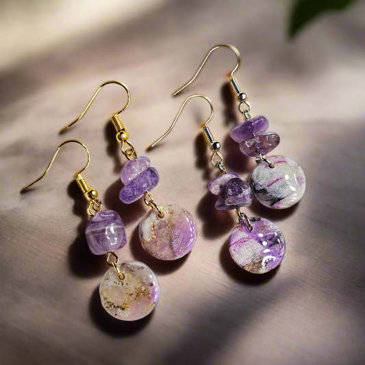 Purple Marble Clay with Gold Fleck and Amethyst Chips in Gold or Silver