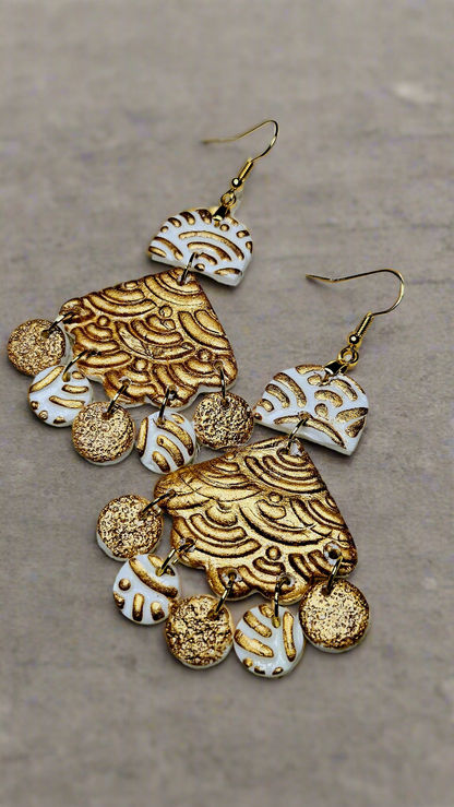 Big Bold Gold Clay Chandelier Earrings with Clay Coin Dangles - 3"