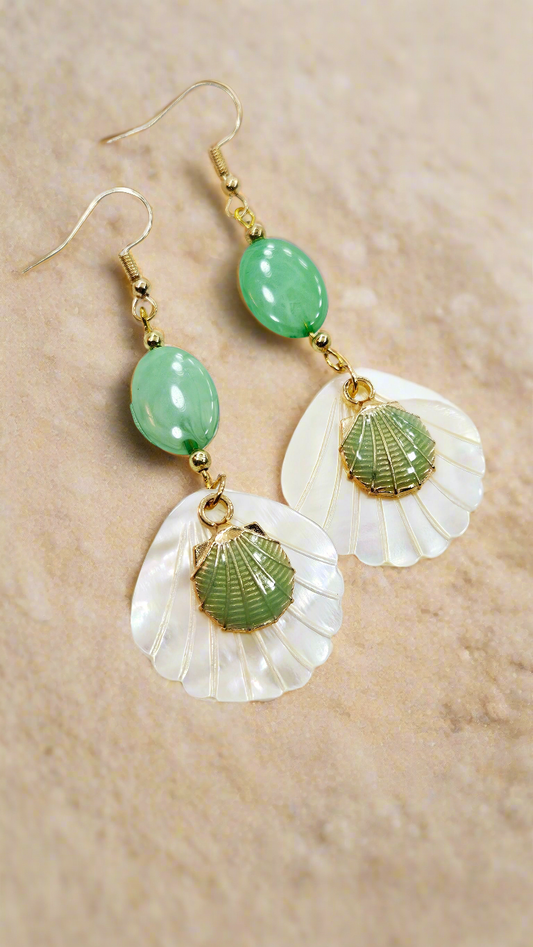 Calming Clams: Pearlescent Seashells with Jade Green Clam Shell Charms Dangle Earrings 