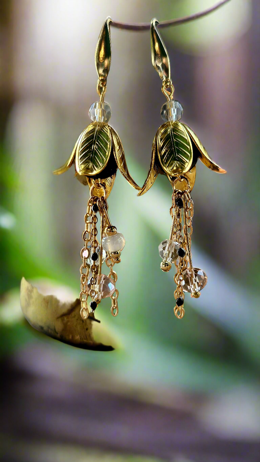 Golden Leaf Bell Dangle Earrings with Crystal Drops and Black and Gold Chain