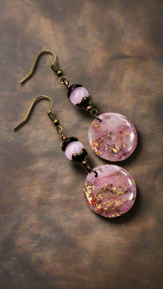 Pink Passion Marbled Clay with Gold Fleck on Bronze Dangle Earrings (2 Styles) - 2½"
