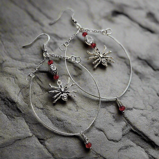 Silver Stainless Steel Hoops with Spider Dangles and Tiny Red Accents - 3½"