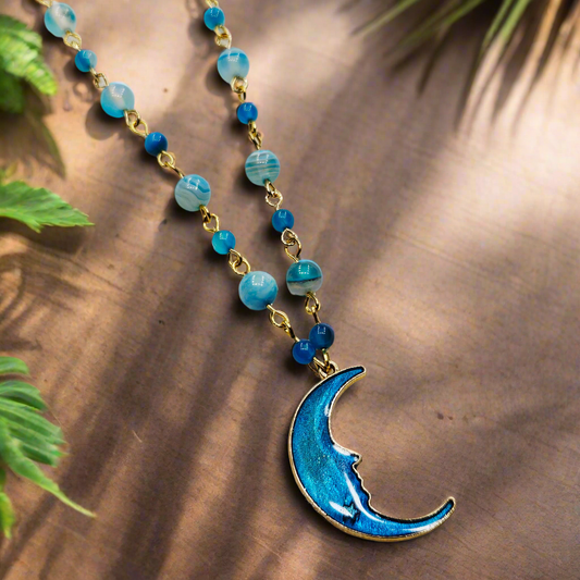 Blue Moon Pendant Necklace with Blue Agate Beaded Chain in Gold