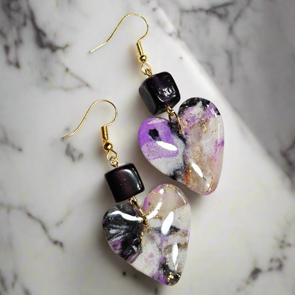 Purple Polymer Clay Marble Heart Dangle Earrings with Dark Purple Cubes in Gold