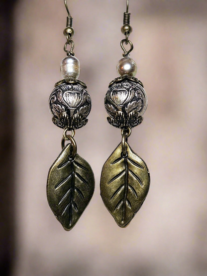 Antiqued Silver Art Nouveau Earrings with Freshwater Pearls & Antiqued Brass Leaf Dangles - 3"
