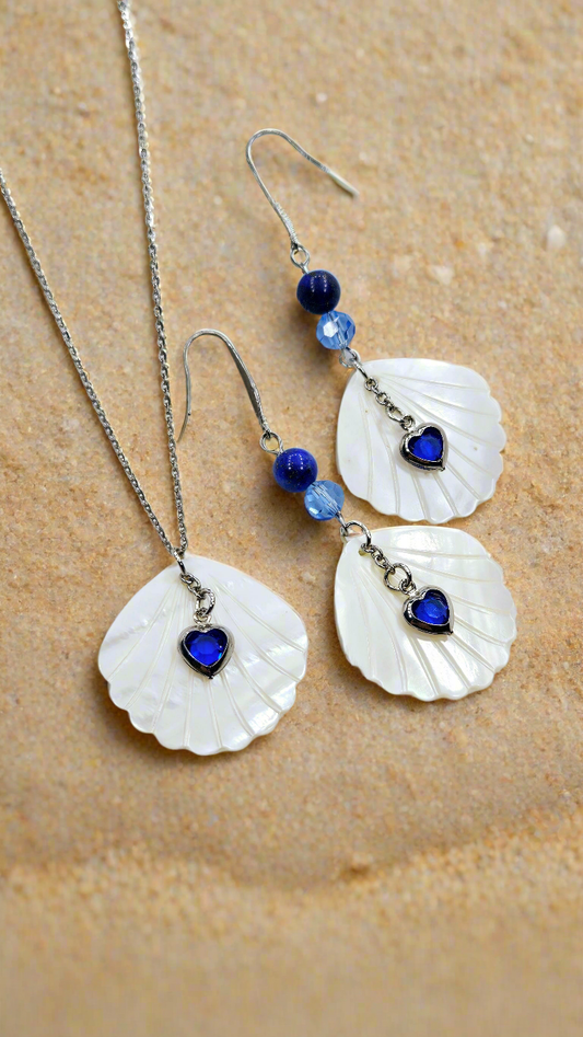 Heart of the Ocean Shell Set: Pearlescent Seashell Pendant Necklace & Earrings with Blue Gem Hearts