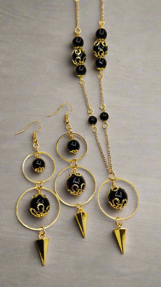 Gold Hoops with Spikes and Filigree Capped Black Glass Necklace and Earrings Set
