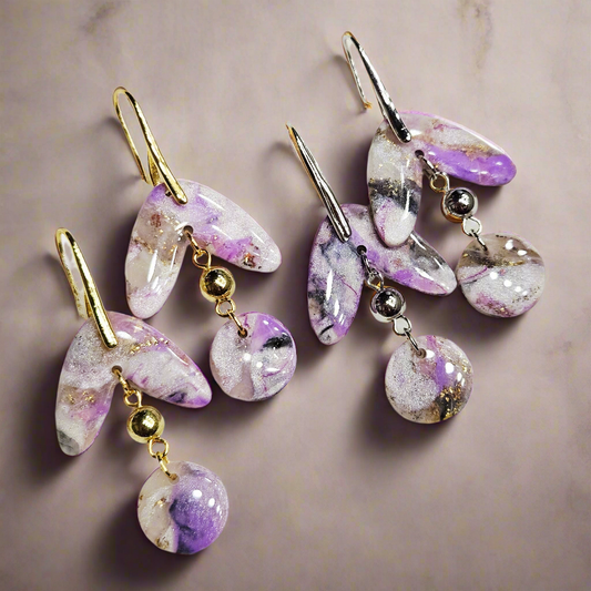 Purple Polymer Clay Marble Dangle Earrings in Gold or Silver
