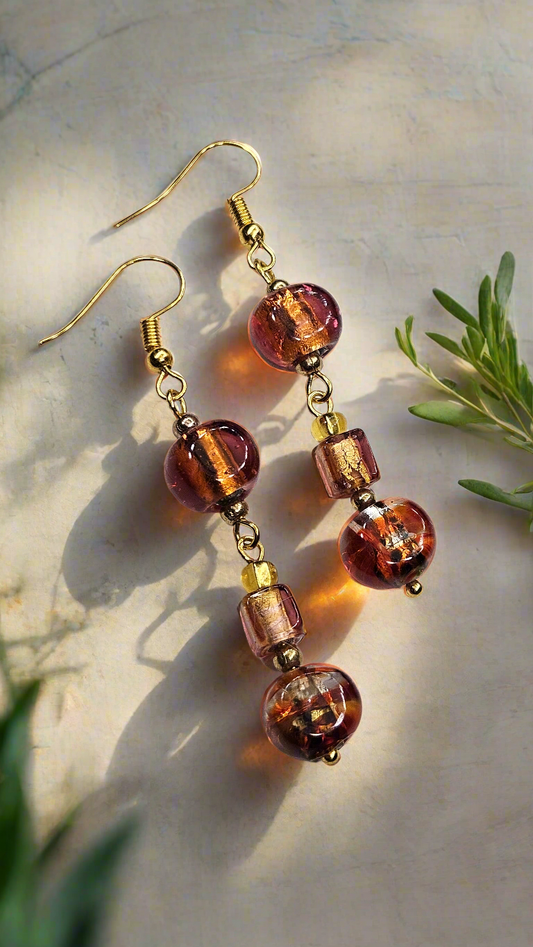 Red Copper Colored Metallic Glass on Gold Dangle Earrings - 2½"