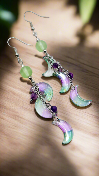 Mystical Moons Jade Green & Purple with Gold Fleck on Silver Chain Cluster Dangle Earrings 