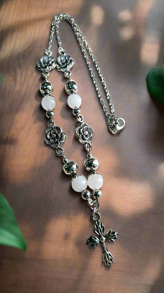 White Glass & Silver Roses Cross Pendant Chain Necklace