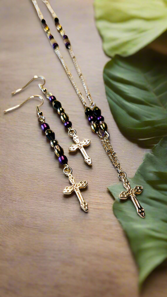 Graceful Gold & Purple Set - Golden Cross Pendant Necklace & Matching Earrings