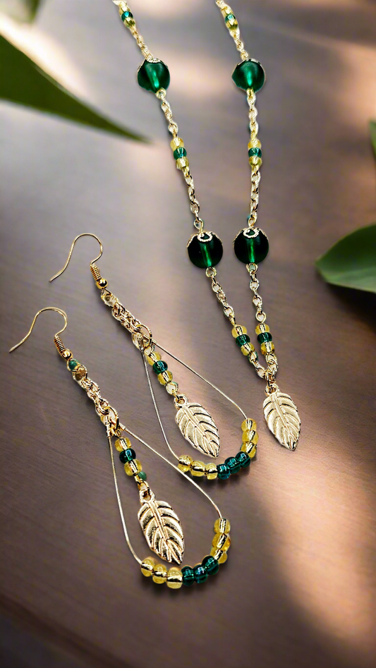 Gallant Golden Leaves Set: Golden Leaf Pendant Necklace & Earrings with Gold Teardrop Hoops