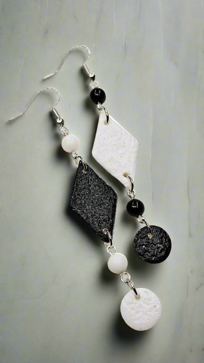 Monochrome Clay Kites Asymmetrical Dangle Earrings with Beads & Buttons