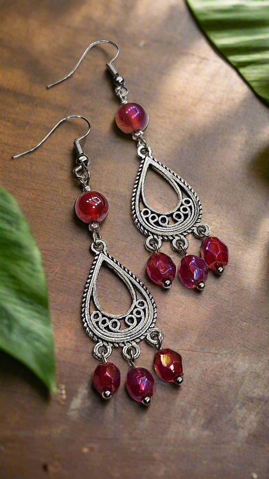 Tibetan Silver Teardrop Chandelier Earrings with Red Iridescent Glass Dangles - 3"