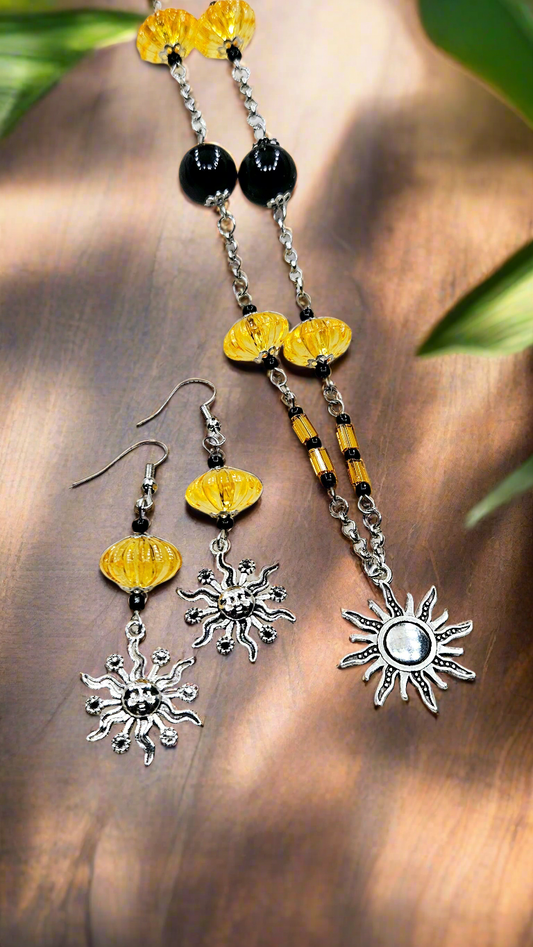 Golden Shining Suns Set - Silver Sun Pendant Necklace with Matching Sun Charm Earrings