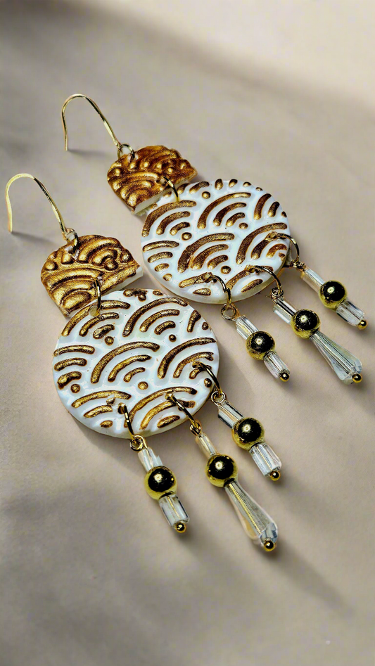 Bold Gold Clay Chandelier Earrings with Crystal Dangles - 3½"