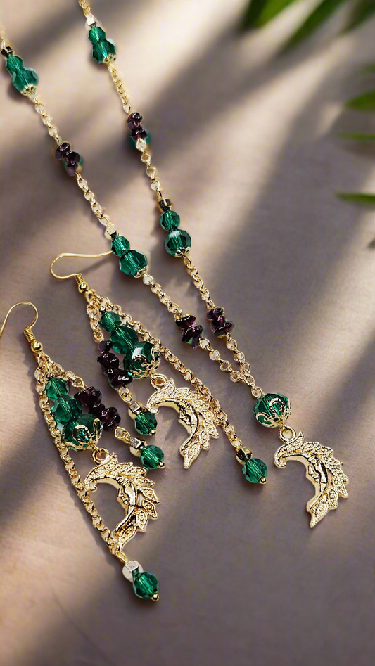 Golden Paisley Moon Pendant Necklace and Earrings with Emerald Austrian Crystals and Amethyst Chips