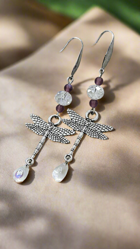 Silver Dragonfly & Crystal Dangle Earrings
