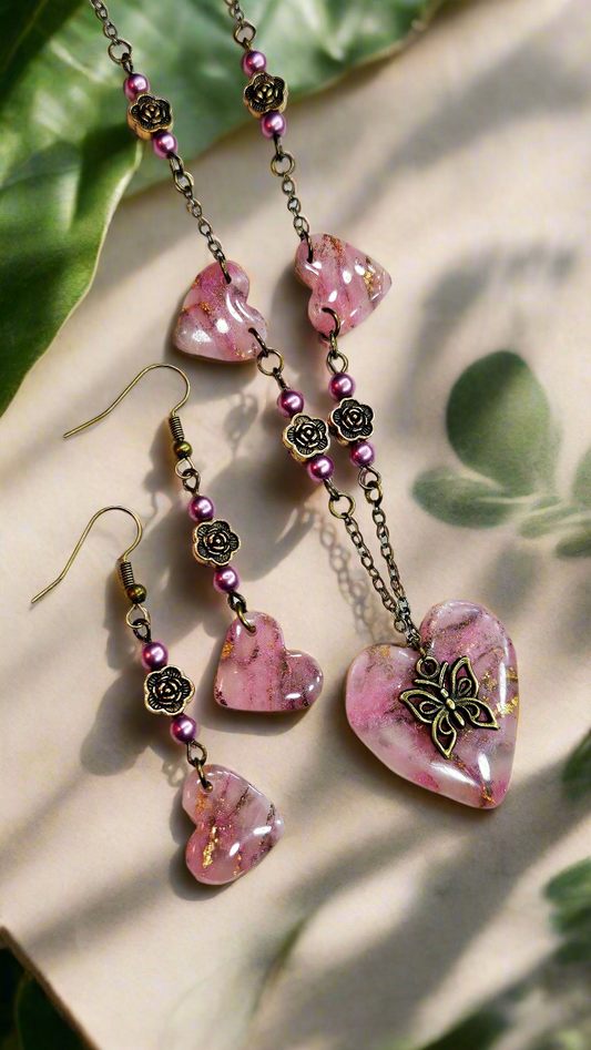 Pink Passion Marbled Clay Set: Pink Clay Hearts with Gold Fleck and Brass Butterfly Pendant Necklace with Matching Earrings