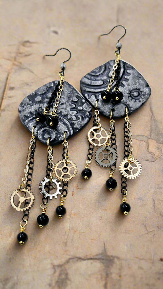 Pop, Lock & Cog It Gold Steampunk Clay Dangle Earrings with Black & Gold Chain & Cogs