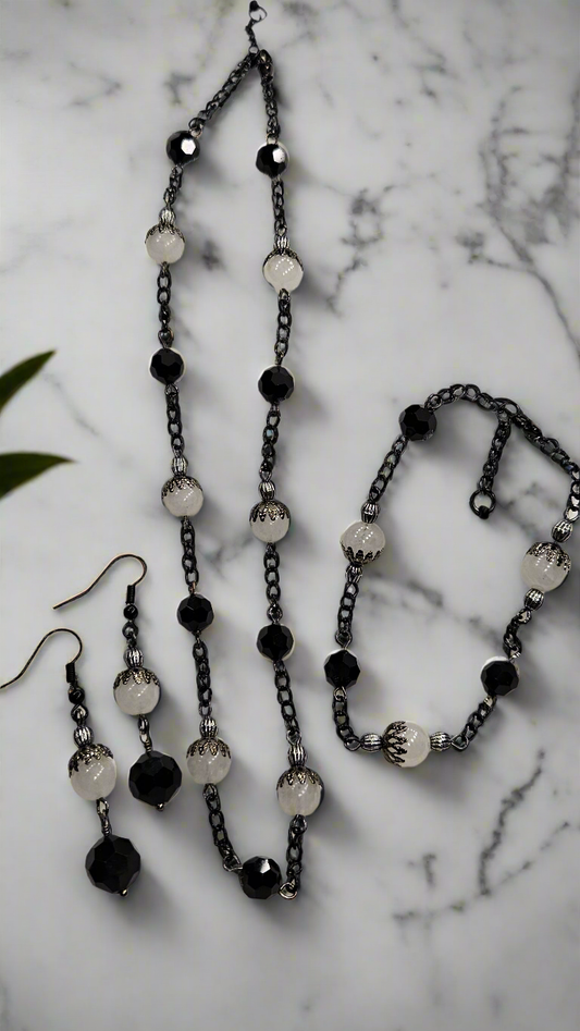Modern Vintage Black Chain Necklace, Earrings and Bracelet with White Jade and Black Crystals