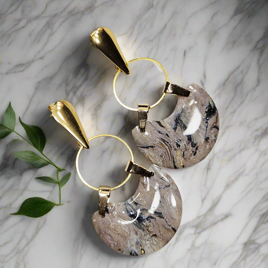 Black and Brown Marble Polymer Clay Earrings on Golden Hoops - 2⅜"
