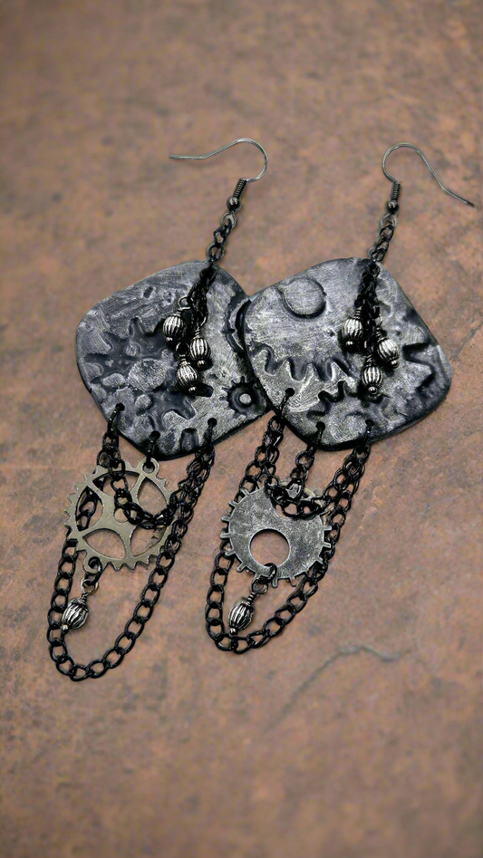 Pop, Lock & Cog It Black Steampunk Clay Dangle Earrings with Cogs & Chain