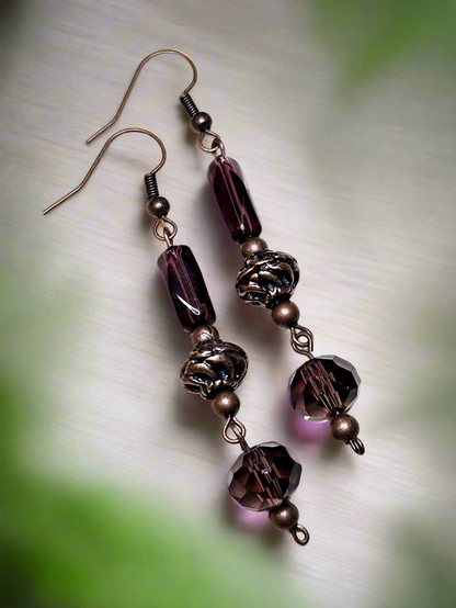 Antiqued Copper Earrings with Purple Crystal Dangles - 3¼"