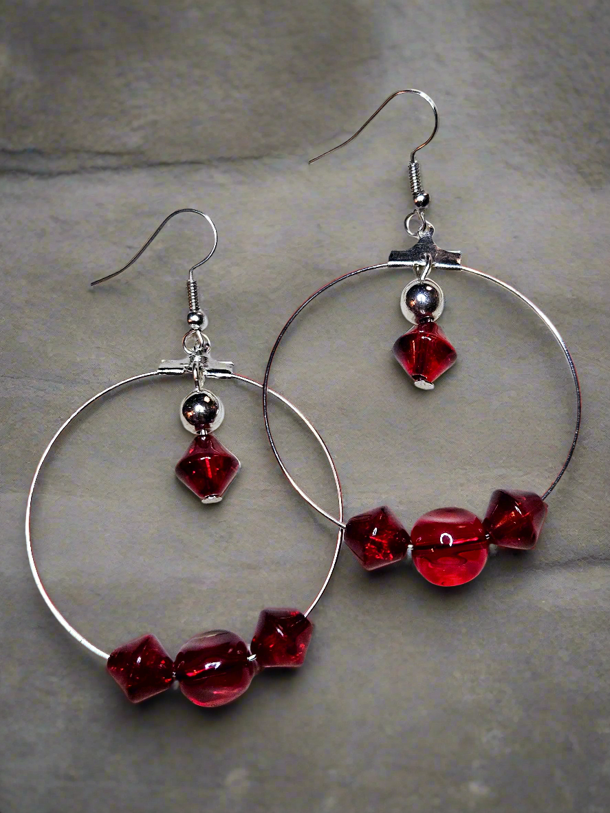 Red Beaded Hoop Earrings