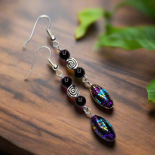 Multicolored Metallic Dangle Earrings with Silver Swirls - 2½"