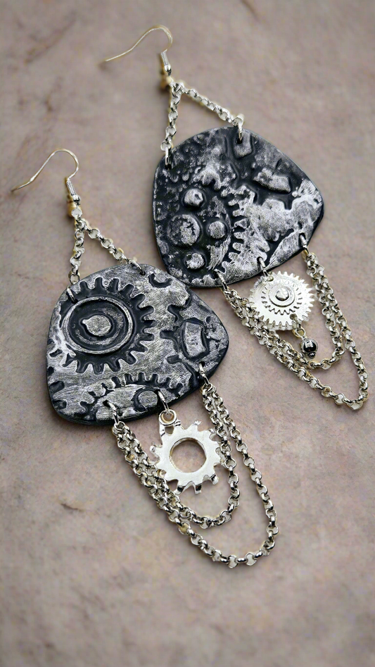 Pop, Lock & Cog It Silver Steampunk Chain Dangle Earrings with Silver Cogs