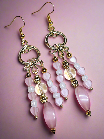 Bali Style Pink & Gold Chandelier Earrings