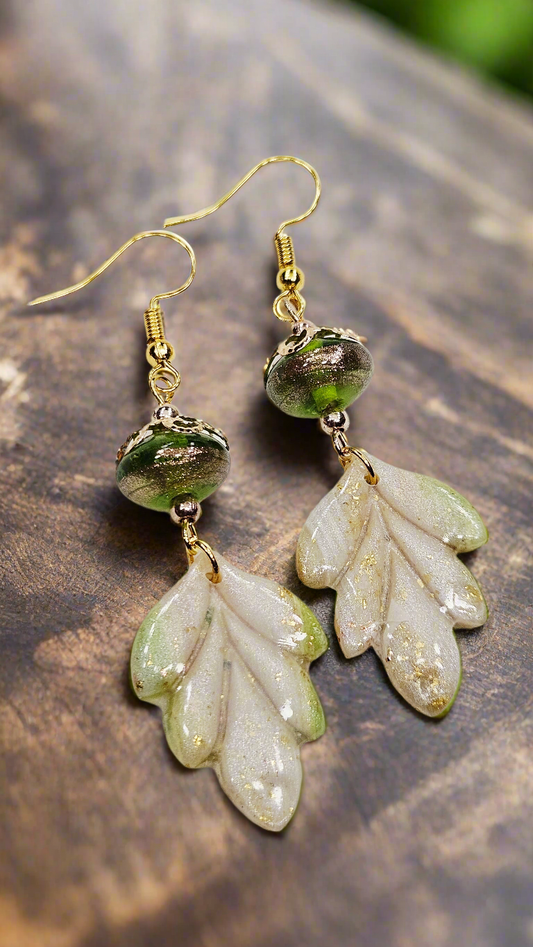Marbled Green & Gold Fleck Clay Leaves with Copper Brushed Green Glass Dangle Earrings