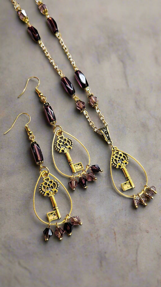 Stoic Skeleton Key Set: Golden Skeleton Keys Framed with a Beaded Teardrop & Deep Purple Glass Beads Matching Necklace & Earrings 